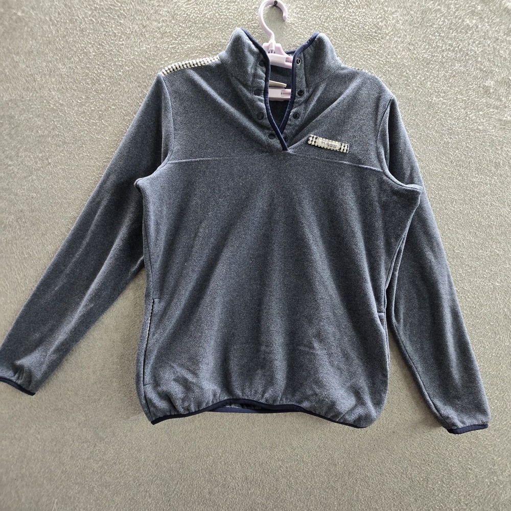 Columbia Women Sweatshirt M Blue Check Fleece Pullover Snap Button Long‎ Sleeve